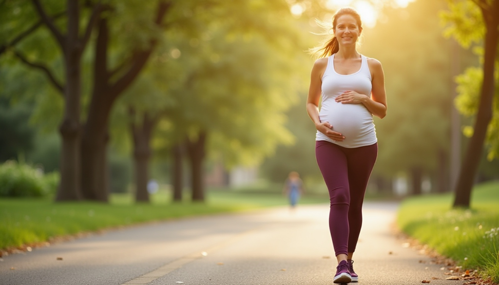 woman happily walking in pregnancy.
