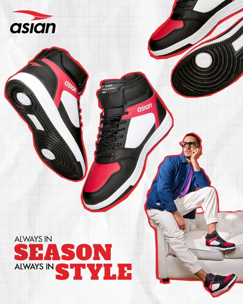 A red and black high top sneaker from Asian.